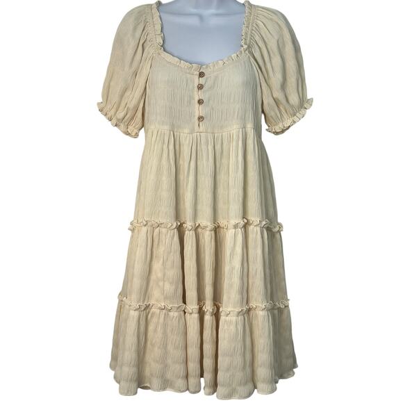 Easel Puff Sleeve Tiered Mini Babydoll Dress Ivory Small Flowy Romantic Boho NWT - Picture 2 of 12
